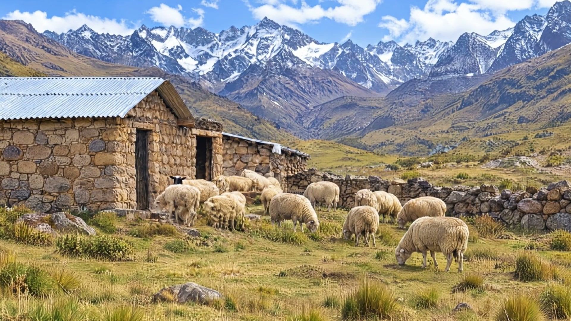 Rebaño de ovejas junto a una casa de piedra en la puna andina