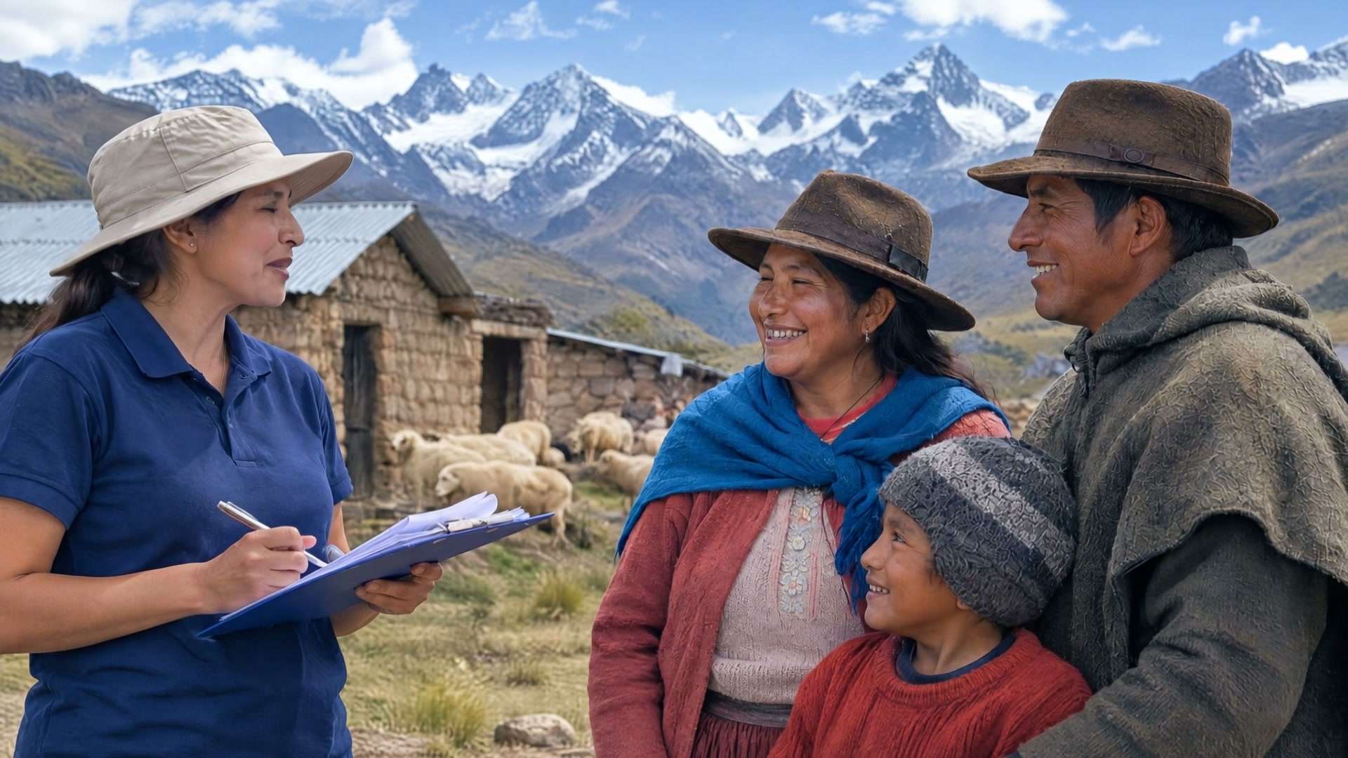 Una facilitadora conversa con una familia campesina frente a los nevados andinos